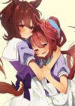  2girls absurdres agnes_tachyon_(umamusume) ahoge alternate_eye_color animal_ears back_bow blush bow brown_hair closed_mouth commentary_request daiwa_scarlet_(umamusume) gorioshi0802 hair_bow highres horse_ears horse_girl horse_tail hug looking_at_viewer messy_hair multiple_girls open_mouth puffy_short_sleeves puffy_sleeves purple_bow purple_shirt red_bow red_eyes redhead sailor_collar school_uniform shirt short_hair short_sleeves simple_background skirt smile summer_uniform tail tail_through_clothes twintails umamusume violet_eyes yellow_background 