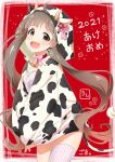  1girl 2021 animal_ears animal_print asymmetrical_legwear bell blush breasts brown_eyes brown_hair chinese_zodiac choker cow_ears cow_horns cow_print cow_tail cowbell cowboy_shot dot_nose dress fake_animal_ears fake_horns fake_tail flower frilled_dress frills from_side goma_konbu hair_flower hair_ornament hakozaki_serika happy_new_year highres hood hood_up hoodie hoodie_pull horns idolmaster idolmaster_million_live! idolmaster_million_live!_theater_days long_hair long_sleeves looking_at_viewer mismatched_legwear neck_ribbon open_mouth pink_dress pink_ribbon pink_thighhighs plum_blossoms print_hoodie red_background red_choker red_flower ribbon signature single_thighhigh small_breasts smile solo sparkle standing striped striped_dress striped_thighhighs tail thigh-highs twintails very_long_hair 