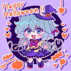  1girl :d animal_ears animal_hands blue_eyes blue_hair blush cat_ears cat_girl cat_tail chibi chibi_only commentary_request disembodied_linked_eye frilled_sleeves frills full_body gloves green_gloves hair_between_eyes halloween happy_halloween hat heart heart_of_string highres kemonomimi_mode komeiji_koishi long_sleeves looking_at_viewer omochinegi open_mouth outline paw_gloves purple_background purple_hat purple_skirt purple_socks red_shoes shirt shoes short_hair signature skirt smile socks solo standing tail touhou white_outline wide_sleeves witch_hat yellow_shirt 