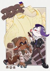  2girls artist_request bare_shoulders beanie big_man_(splatoon) big_man_(white_chocolate)_(splatoon) black_boots black_jacket black_sandals blue_hair blue_shirt boots brown_eyes brown_hair brown_pants chocolate closed_mouth colored_fingertips commentary cross-shaped_pupils dark-skinned_female dark_skin detached_sleeves ear_piercing english_commentary food frye_(milk_chocolate)_(splatoon) frye_(splatoon) hair_over_one_eye hand_on_ground hat highres holding holding_chocolate holding_food inkling jacket jewelry kneeling leather leather_jacket legs_apart long_sleeves manta_ray medium_hair multiple_girls necklace octoling official_alternate_costume official_alternate_hair_color one_eye_closed open_clothes open_jacket open_mouth pants piercing pointy_ears red_eyes sandals second-party_source shirt shiver_(dark_chocolate)_(splatoon) shiver_(splatoon) short_hair smile splatoon_(series) splatoon_3 standing symbol-shaped_pupils tentacle_hair white_chocolate 