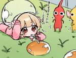  1girl black_eyes blonde_hair blush chibi commentary crossover drinking drinking_straw drinking_straw_in_mouth flying_sweatdrops gloves grass hachimiya_mumu hair_ornament hand_on_own_head hand_up helmet highres liquid long_sleeves lying natori_sana on_stomach outdoors pikmin_(creature) pikmin_(series) pink_gloves rabbit_hair_ornament red_eyes red_pikmin sana_channel space_helmet spacesuit standing symbol-only_commentary translation_request two_side_up virtual_youtuber yellow_pikmin 