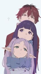  1boy 2girls ? averting_eyes black_roots blunt_bangs closed_mouth coat commentary_request dated earrings elf fern_(sousou_no_frieren) frieren green_eyes grey_hair highres jewelry multicolored_hair multiple_girls ontama pointy_ears purple_hair red_coat red_eyes red_hair roots_(hair) scarf sideways_glance signature simple_background sousou_no_frieren stark_(sousou_no_frieren) straight_hair teardrop_earrings twintails violet_eyes white_background 