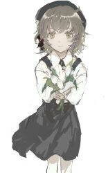  1girl beret black_hat black_skirt bouquet brown_eyes brown_hair collared_shirt cowboy_shot flower hat hatoba_tsugu highres holding holding_bouquet long_sleeves looking_at_viewer mole mole_under_eye nabeyaki_(udondon88810) own_hands_together pantyhose shirt short_hair simple_background skirt solo standing suspender_skirt suspenders tsugu_(vtuber) tulip virtual_youtuber white_background white_flower white_pantyhose white_shirt white_tulip 