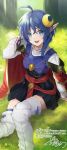  1girl ahoge blue_eyes blue_hair cape crescent crescent_hair_ornament fujishino_shikino grass hair_ornament highres looking_at_viewer open_mouth pointy_ears red_cape rena_lanford short_hair skirt smile solo star_ocean star_ocean_the_second_story thigh-highs tree 