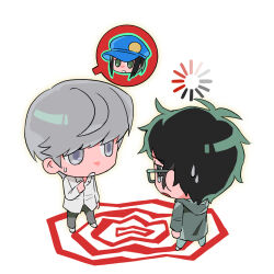  2boys adachi_tooru black_hair chibi chibi_only full_body glasses grey_hair grey_jacket greyland215856 highres hood hood_down hooded_jacket jacket loading_icon looking_at_another male_focus marie_(persona_4) multiple_boys narukami_yu open_mouth persona persona_4 persona_4_the_golden shirt spoken_character standing white_background white_shirt 