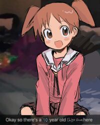  1girl :d azumanga_daioh azumanga_daioh's_school_uniform blush_stickers brown_eyes brown_hair collar derivative_work english_text highres looking_at_viewer malan meme mihama_chiyo pink_shirt school_uniform shirt short_twintails sketch smile solo twintails white_collar winter_uniform 