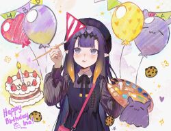  1girl :p absurdres ani_019 bag beret black_dress black_hat center-flap_bangs collared_shirt commentary dress english_commentary gradient_hair handbag happy_birthday hat highres holding holding_paint_palette holding_paintbrush hololive hololive_english long_hair long_sleeves mole mole_under_eye multicolored_hair ninomae_ina'nis ninomae_ina'nis_(casual) official_alternate_costume orange_hair paint_palette paintbrush pinafore_dress pink_bag pinstripe_pattern pinstripe_shirt pointy_ears puffy_long_sleeves puffy_sleeves purple_hair shirt sidelocks sleeveless sleeveless_dress solo straight_hair takodachi_(ninomae_ina'nis) tentacle_hair tongue tongue_out very_long_hair violet_eyes virtual_youtuber 