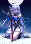  1girl bare_shoulders black_gloves blood blue_sleeves detached_sleeves full_moon gloves hfp~kubiao high_ponytail holding holding_sword holding_weapon honkai:_star_rail honkai_(series) jingliu_(honkai:_star_rail) kneeling long_hair moon night night_sky planted planted_sword ponytail red_eyes skirt sky solo sword weapon white_hair white_skirt 