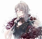  1boy ahoge ankou_(shuuen_no_virche) artist_name black_shirt braid closed_mouth facing_to_the_side flower grey_background grey_hair highres long_hair looking_ahead male_focus red_eyes red_flower rendong06 shirt shuuen_no_virche smile solo spider_lily 