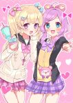  2girls :d alternate_costume animal_ears bear_ears black_jacket black_sailor_collar blonde_hair blue_bow blue_eyes blush bow bowtie cardigan collared_shirt commentary_request cowboy_shot cup disposable_cup drinking_straw fake_animal_ears foreshortening hair_bow hand_on_own_cheek hand_on_own_face hands_up highres holding holding_cup idol_time_pripara jacket jewelry kuma_(pripara) long_hair looking_at_viewer manaka_laala marueri multiple_girls necklace open_mouth outline outstretched_arm pink_background pink_bow pink_skirt plaid plaid_skirt pleated_skirt pouch pretty_(series) pripara purple_bow purple_bowtie purple_hair purple_skirt sailor_collar school_uniform shirt skirt smile standing twintails v white_outline white_shirt yellow_cardigan yumekawa_yui 