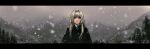  1girl absurdres an-94_(girls&#039;_frontline) black_gloves blonde_hair blue_eyes capelet facing_viewer girls_frontline gloves grey_sky hairband highres komegu_619 long_hair looking_at_viewer mountain mountainous_horizon open_mouth sky snowflakes snowing spruce tree 