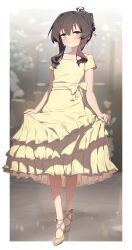  1girl absurdres blurry blurry_background blush bow brown_hair clothes_lift commentary curly_hair dress dress_bow dress_lift dress_shoes earrings english_commentary expressionless flat_chest full_body green_eyes hair_bun hair_ornament hairpin high_heels highres hoplitx indoors jewelry layered_dress lifting_own_clothes long_dress long_hair looking_at_viewer original shoes short_sleeves single_hair_bun solo tile_floor tiles yellow_bow yellow_dress yellow_shoes 