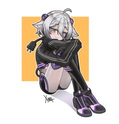  1girl absurdres ahoge black_gloves black_shorts black_shrug cube electric_plug electric_plug_tail gloves grey_hair hair_between_eyes henya_the_genius henya_the_genius_(cyber_henya) highres indie_virtual_youtuber looking_at_viewer shorts shrug_(clothing) sitting smile solo tail virtual_youtuber white_background xarakura_xara yellow_eyes 