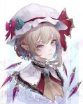  1girl absurdres ascot blonde_hair blush brooch commentary crystal earrings english_commentary fasuka flandre_scarlet hat highres jewelry long_hair looking_at_viewer mob_cap one_side_up open_mouth pointy_ears portrait red_eyes solo touhou white_headwear yellow_ascot 