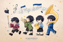  4boys aqua_kimono belt bird black_hair black_jacket black_pants black_socks blue_eyes blue_jacket blue_pants chibi chibi_only closed_eyes crow demon_slayer_uniform full_body hakama hakama_pants haori happy_birthday high_collar highres holding holding_instrument instrument jacket japanese_clothes kanzaburou_(kimetsu_no_yaiba) kikkoumon kimetsu_gakuen kimetsu_no_yaiba kimono long_hair low_ponytail male_focus multiple_boys multiple_persona musical_note open_mouth pants paparnparn ponytail print_haori profile red_haori red_kimono shoes smile socks spiky_hair teeth tomioka_giyuu upper_teeth_only walking white_belt white_socks 