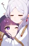  2girls :3 blush closed_eyes closed_mouth commentary_request cut_bangs elf fern_(sousou_no_frieren) frieren highres hug inuyama_nanami long_hair multiple_girls pointy_ears purple_hair simple_background smile sousou_no_frieren upper_body violet_eyes white_background white_hair 