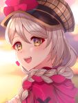  1girl :d braid edamameoka fire_emblem fire_emblem_engage framme_(fire_emblem) grey_hair hat hat_ribbon highres long_hair looking_at_viewer open_mouth pink_ribbon ribbon smile solo sunset teeth upper_teeth_only yellow_eyes 