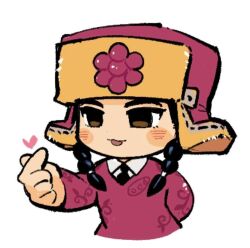  1boy :3 arm_behind_back black_hair blush_stickers braid brown_eyes chibi chibi_only collared_shirt commentary_request finger_heart hat heart jojo_no_kimyou_na_bouken jojolion kjlkzgauymdtjub long_sleeves male_focus mamezuku_rai necktie open_mouth shirt smile solo twin_braids ushanka 