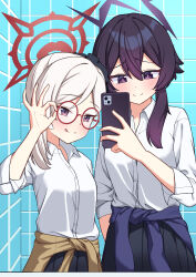  2girls :q absurdres adjusting_eyewear alternate_costume black_skirt blue_archive cellphone clothes_around_waist commentary_request dress_shirt halo hand_on_eyewear haruka_(blue_archive) highres holding holding_phone jacket jacket_around_waist mirror_selfie multiple_girls mutsuki_(blue_archive) open_collar phone pleated_skirt purple_hair purple_halo red-framed_eyewear red_halo round_eyewear school_uniform selfie shirt skirt sleeves_rolled_up smartphone smile teru_(3w1dm6lnxgfamls) tile_wall tiles tongue tongue_out violet_eyes white_hair white_shirt 