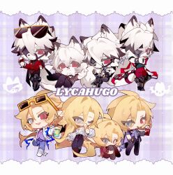  2boys absurdres alternate_costume animal_ear_fluff animal_ears blonde_hair bloodys29948431 body_fur colored_tips commentary_request crossed_legs cup eyewear_on_head food food_in_mouth furry furry_male grey_eyes heterochromia highres holding holding_cup holding_food holding_plate holding_pocky hugo_vlad long_hair male_focus mole mole_under_eye multicolored_hair multiple_boys multiple_views muzzle_(mask) one_eye_closed open_mouth plate pocky pocky_in_mouth pointy_ears prosthesis prosthetic_leg purple_background purple_shirt red_eyes red_shirt shirt sitting sunglasses tail tail_belt von_lycaon white_fur white_shirt wolf_boy wolf_ears wolf_tail yellow-framed_eyewear zenless_zone_zero 