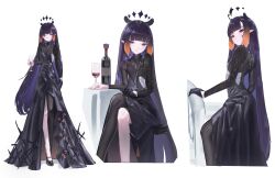  1girl absurdres alternate_costume black_dress black_gloves black_shoes blunt_bangs bottle closed_mouth commentary crossed_legs cup dress drinking_glass english_commentary flat_chest floomf gloves gradient_hair halo high_heels highres holding holding_cup hololive hololive_english jewelry long_dress long_hair long_sleeves looking_at_viewer mole mole_under_eye multicolored_hair multiple_views necklace ninomae_ina'nis orange_hair pointy_ears purple_hair shoes sidelocks simple_background single_glove single_leg_pantyhose sitting smile solo standing star_halo tentacle_hair very_long_hair virtual_youtuber white_background wine_bottle wine_glass 