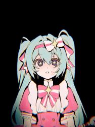  1girl black_background blue_hair bow bowtie commentary_request crying crying_with_eyes_open dress hair_bow hatsune_miku holding holding_staff ima_sugu_rinne_(vocaloid) multicolored_ribbon open_mouth pink_bow pink_bowtie pink_dress ribbon sakumoch_24 simple_background solo staff star_(symbol) tears twintails violet_eyes vocaloid 