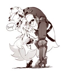  2boys absurdres aged_down animal_ear_fluff animal_ears black_shoes bloodys29948431 body_fur colored_tips commentary_request from_side furry furry_male grey_vest greyscale highres hugo_vlad male_focus monochrome multicolored_hair multiple_boys muzzle_(mask) pointy_ears prosthesis prosthetic_leg shoes simple_background tail tail_belt tiptoes vest von_lycaon white_background white_fur wolf_boy wolf_ears wolf_tail zenless_zone_zero 
