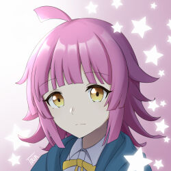  1girl absurdres ahoge blue_jacket bow brown_eyes closed_mouth collared_shirt commentary_request dress_shirt gradient_background highres hood hood_down hooded_jacket jacket love_live! love_live!_nijigasaki_high_school_idol_club pink_background pink_hair shirt signature solo star_(symbol) tennoji_rina txin_xin upper_body white_background white_shirt yellow_bow 