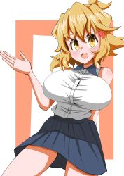  1girl 9ma_(9matohibari) :d absurdres arm_behind_back arm_up black_skirt breasts brown_hair commentary_request cowboy_shot double-parted_bangs hair_between_eyes hair_ornament hairclip highres large_breasts looking_at_viewer open_mouth senki_zesshou_symphogear shirt simple_background skirt sleeveless sleeveless_shirt smile solo tachibana_hibiki_(symphogear) two-tone_background upper_body white_background white_shirt yellow_eyes 