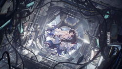  1girl 3d_background absurdres artist_logo black_hair closed_eyes columbina_(genshin_impact) commentary_request dress eye_mask full_body genshin_impact hair_ribbon hand_on_own_arm head_wings highres in_orbit indoors logo long_hair mask moon multicolored_hair nasa nasa_logo parted_lips purple_hair qi==qi red_hair ribbon scenery sleeping solo space_station toes very_long_hair wings zero_gravity 