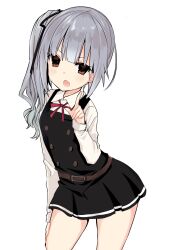  1girl black_dress black_ribbon blush brown_eyes collared_shirt commentary dress fang grey_hair hair_ribbon hand_on_own_leg highres kantai_collection kasumi_(kancolle) kasumi_kai_ni_(kancolle) l_hand long_hair long_sleeves looking_at_viewer neck_ribbon open_mouth orqz pinafore_dress red_ribbon ribbon shirt side_ponytail simple_background skin_fang sleeveless sleeveless_dress solo white_background white_shirt 