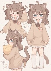  >_< 1girl :d :t ahoge animal_ear_fluff animal_ears blobcat bloomers blue_eyes blush_stickers bow brown_dress brown_hair brown_theme cat_ears cat_girl cat_hair_ornament cat_tail closed_eyes closed_mouth colon_br commentary_request dress fang flying_sweatdrops full_body hair_ornament hand_up highres kneehighs long_sleeves looking_at_viewer looking_to_the_side multiple_views name_tag no_shoes original pigeon-toed pout sailor_collar skin_fang smile socks tail twintails v-shaped_eyebrows w white_bloomers white_sailor_collar white_socks 