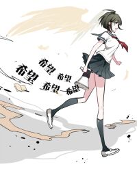  1girl ahoge blue_sailor_collar blue_skirt blue_socks book collared_shirt commentary_request danganronpa_(series) danganronpa_another_episode:_ultra_despair_girls dust full_body green_eyes green_hair holding holding_megaphone kneehighs megaphone naegi_komaru necktie open_book open_mouth red_necktie sailor_collar school_uniform serafuku shirt shoes short_hair short_sleeves skirt socks solo translation_request unagi_(nakaelric) white_background white_shirt white_shoes 