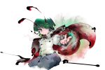  1girl antennae blue_eyes calligraphy_brush_(medium) cape collared_shirt green_hair highres insect_on_finger long_sleeves pants shirt short_hair sitting sukunashi_negi touhou white_shirt wriggle_nightbug 