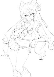 1girl absurdres bow bowtie breasts crossed_bangs double-parted_bangs feet_out_of_frame flower grin gyaru hair_between_eyes hair_ears hair_flower hair_ornament highres inward_v large_breasts latte_(latte_daruta2) leg_warmers lineart long_hair long_sleeves looking_at_viewer maria_cadenzavna_eve monochrome scrunchie senki_zesshou_symphogear simple_background skirt sleeves_rolled_up smile solo upper_body v v_over_mouth very_long_hair wavy_sidelocks white_background wrist_scrunchie 