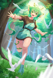  1girl :d absurdres ahoge animal_ears antlers bird brown_shirt deer_ears forest grass green_eyes green_hair green_overalls green_shorts hair_ornament haruka_karibu haruka_karibu_(tomboy) highres horns indie_virtual_youtuber looking_at_viewer nature open_mouth outdoors overall_skirt overalls reindeer_antlers reindeer_girl shirt shorts smile solo tree twintails virtual_youtuber zorkxa 