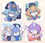  5girls ^_^ animal animal_ears apron aqua_dress arm_up artist_name b_bmvp bag ball_octopus_(genshin_impact) beamed_eighth_notes beret black_headwear black_scarf blue_apron blue_eyes blue_hair blue_jacket blue_scarf blue_sky blush bright_pupils brown_background brown_dress brown_hair brown_shirt closed_eyes closed_mouth clouds coffee commentary_request crossed_bangs cup day dress eighth_note flower_(symbol) full_moon genshin_impact grey_hair hair_between_eyes hand_up hands_up happy hat highres holding holding_animal holding_cup iara_(genshin_impact) jacket leuca_(genshin_impact) light_brown_hair long_sleeves mamere_(genshin_impact) medium_hair mela_(genshin_impact) melusine_(genshin_impact) menthe_(genshin_impact) moon motion_lines multiple_girls musical_note night night_sky notice_lines octopus open_mouth paint_on_clothes paint_splatter parted_bangs peaked_cap photo_(object) purple_hair red_ribbon ribbon scarf shirt short_hair simple_background sky sleeve_cuffs sleeveless sleeveless_dress smile sparkle sweatdrop swept_bangs tail teeth twitter_username upper_teeth_only violet_eyes waving white_pupils white_shirt yellow_eyes 