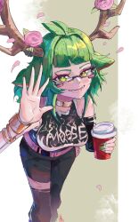  1girl animal_ears antlers black_pants black_shirt boutsoftheblind cup deer_ears flower glasses green_eyes green_hair green_nails grin haruka_karibu highres holding holding_cup horns indie_virtual_youtuber medium_hair pants pink_flower reindeer_antlers reindeer_girl shirt smile solo virtual_youtuber 