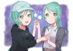 2girls aqua_hair bang_dream! baseball_cap black_hoodie braid duplicate green_eyes grey_jacket hat highres hikawa_hina hikawa_sayo holding_hands hood hoodie jacket jewelry kirima_(zs_at_) long_hair looking_at_viewer medium_hair multiple_girls necklace ponytail shirt starry_background twin_braids white_headwear white_shirt