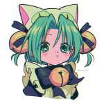  1girl animal_hat apron bell black_bow blush_stickers bow cat_hat cropped_torso dejiko di_gi_charat disgust eyelashes green_eyes green_hair grey_hair hair_bell hair_ornament hat highres looking_at_viewer menma_(enaic31) neck_bell parted_lips short_hair simple_background solo twitter_username white_apron white_background 