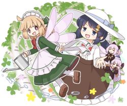  4girls ^_^ apron black_bow black_dress black_hair blonde_hair blue_eyes bow bowtie brown_dress brown_jacket brown_scarf brown_skirt closed_eyes dress fairy_wings frilled_apron frilled_skirt frills green_dress green_hair_ornament hair_bow hat holding holding_watering_can jacket kitagawa_suigetsu leaf leaf_background low_twintails maid_apron maid_day maid_headdress mini_person minigirl multiple_girls open_mouth original pink_hair pointy_ears red_bow red_bowtie red_eyes scarf shirt skirt smile twintails watering_can white_apron white_background white_bow white_hat white_shirt wings 