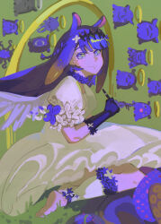  1girl absurdres barefoot black_gloves black_hairband blue_eyes blue_hair closed_mouth dress feet gloves gradient_hair hairband halo highres holding holding_pen hololive hololive_english multicolored_hair ninomae_ina'nis orange_hair pen pinepizza takodachi_(ninomae_ina'nis) tentacle_hair tentacles virtual_youtuber white_dress yellow_halo 