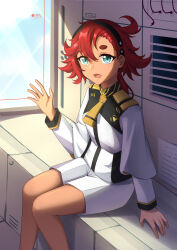  1girl :d absurdres asymmetrical_bangs black_hairband blue_eyes blue_sky clouds commentary_request day feet_out_of_frame gundam gundam_suisei_no_majo hair_between_eyes hairband hand_up highres indoors jacket long_sleeves looking_at_viewer red_hair short_eyebrows shorts sitting sky smile solo suletta_mercury thick_eyebrows txin_xin white_jacket white_shorts window 