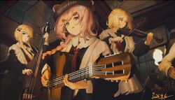  3girls absurdres alternate_costume apron black_dress blonde_hair blue_eyes braid cherry_hair_ornament closed_eyes closed_mouth commentary_request dated dress food-themed_hair_ornament girls_frontline guitar hair_ornament hairclip highres holding holding_guitar holding_instrument holding_violin instrument long_hair long_sleeves looking_at_viewer multiple_girls necktie open_mouth pink_hair playing_instrument ppd-40_(girls'_frontline) pps-43_(girls'_frontline) ppsh-41_(girls'_frontline) red_eyes red_necktie russian_text school_uniform side_braid sidelocks single_braid standing user_jyux3852 violin white_apron 