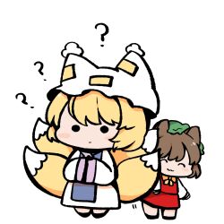  2girls :3 ? ?? ^_^ animal_ears animal_hat blonde_hair blue_tabard bow bowtie cat_ears chibi chibi_only closed_eyes closed_mouth commentary dress fox_tail full_body green_hat hands_in_opposite_sleeves hat highres kitsune kurotaro long_sleeves mob_cap multiple_girls multiple_tails red_skirt red_vest shirt simple_background skirt skirt_set tabard tail touhou vest white_background white_dress white_hat white_shirt yakumo_ran yellow_bow yellow_bowtie 