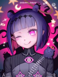  1girl black_hairband black_shirt colored_inner_hair commentary_request crescent diamond_hairband hairband halo highres hololive hololive_english laaaw444 looking_at_viewer medium_hair multicolored_hair ninomae_ina'nis ninomae_ina'nis_(drawn_to_dawn) official_alternate_costume official_alternate_hairstyle one_eye_closed orange_halo pink_eyes pink_hair pointy_ears purple_hair shirt star_(symbol) takodachi_(ninomae_ina'nis) tentacle_hair tongue tongue_out 