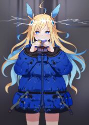  1girl absurdres ahoge animal_ears blonde_hair blue_coat blue_eyes blue_hair blush coat colored_inner_hair commentary_request cosplay diana_(pragmata) diana_(pragmata)_(cosplay) hair_between_eyes highres holding horse_ears horse_girl jacket long_hair long_sleeves looking_at_viewer motsunabe_(mo2nap3) mouth_hold multicolored_hair neo_universe_(umamusume) padded_coat pragmata puffy_coat puffy_long_sleeves puffy_sleeves solo two-tone_hair umamusume 