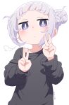  1girl black_sweater blush bright_pupils closed_mouth commentary_request double_bun double_v hair_bun highres jitome long_sleeves original samansa_ex short_hair simple_background slit_pupils solo sweater upper_body v violet_eyes white_background white_hair white_pupils 