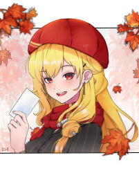  1girl autumn autumn_leaves black_shirt blonde_hair border commentary earrings english_commentary hat holding hololive hololive_indonesia ichiyaichimaru jewelry kaela_kovalskia leaf looking_at_viewer pinstripe_pattern pinstripe_shirt red_eyes red_hat red_scarf scarf shirt smile tree untranslatable_commentary virtual_youtuber white_border 