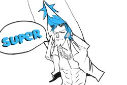  1boy abs absurdres arms_up blue_hair chain closed_eyes eyewear_on_head franky_(one_piece) highres kimpimpam male_focus one_piece open_clothes open_shirt pompadour sideburns solo speech_bubble spot_color 